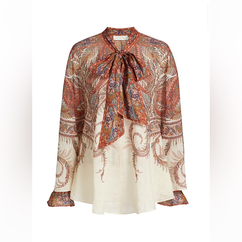 Zimmermann Cream and Rust Paisley Silk Tie-Neck Blouse